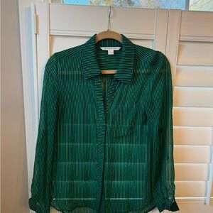 DVF Green and Navy Striped Sheer Blouse